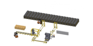 Concrete block production line. Semi automatic concrete block handling line and fully automatic block machine for making concrete blocks, bricks and paver stones. MEC STACKER. Mecmetal Ltd